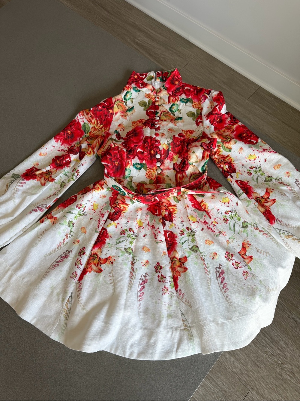 Petal & Pup White Long-Sleeve Floral Fit-and-Flare Dress with Red Rose Print